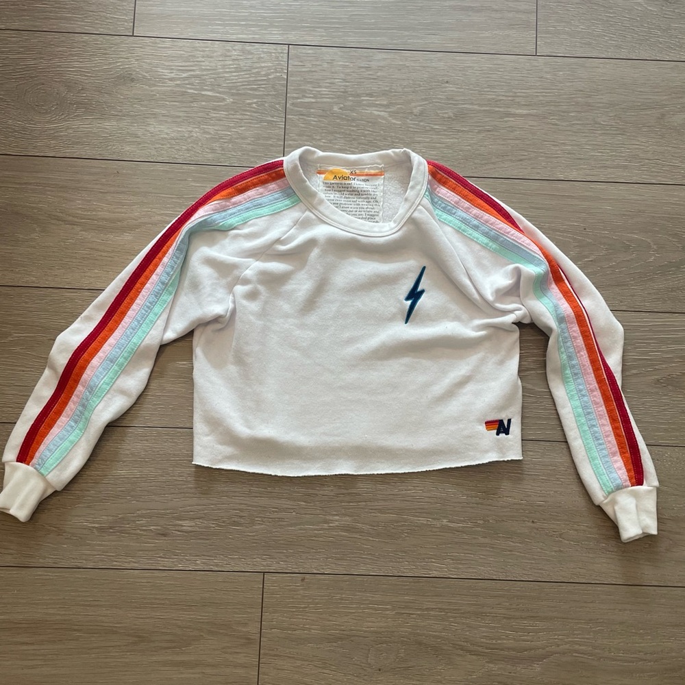 Aviator Nation Cropped Sweatshirt — white + rainbow